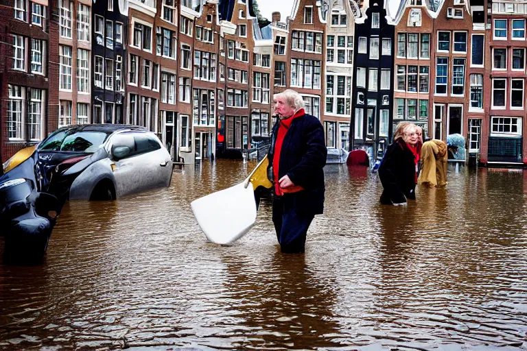 Image similar to Dutch people trying to fight back the flood in Amsterdam, photograph, natural light, sharp, detailed face, magazine, press, photo, Steve McCurry, David Lazar, Canon, Nikon, focus