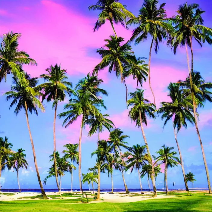 Image similar to palm trees on the beach, highly detailed, pink-blue-green light, landscaping, natural, outdoor spaces,