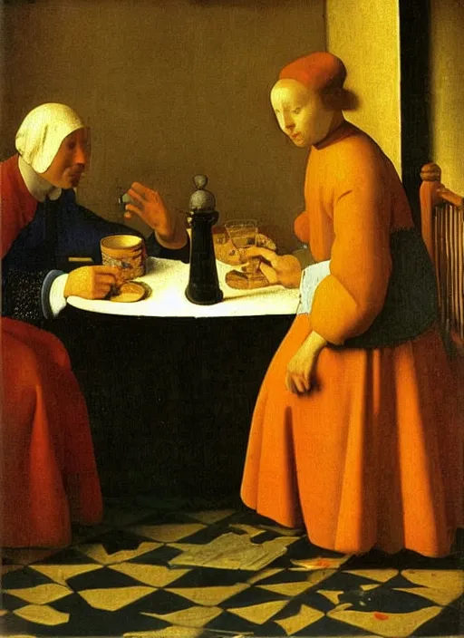 Prompt: evening, young man at the table with young pretty blonde girl at the crowded tavern in the evening. medieval painting by jan van eyck, johannes vermeer