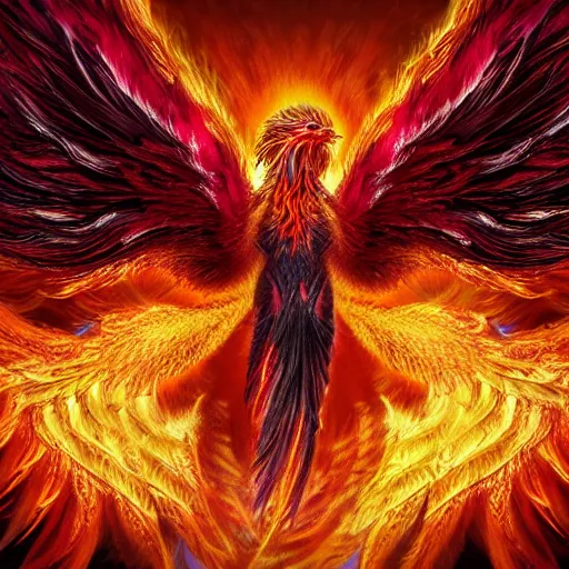 Prompt: hyperdetailed image of a phoenix with its full body flaming and wings spread 8 k extremely detailed hd hyperrealism fiery extremely accurate unbelievably creepy realistic photography
