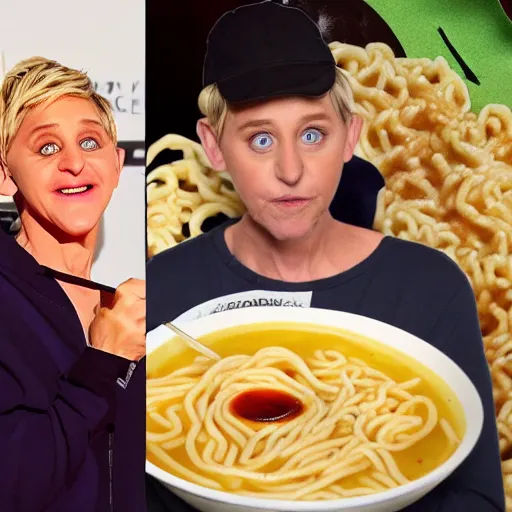 Image similar to Ellen DeGeneres cosplaying as Naruto and eating ramen noodles, absurd, surreal, high quality