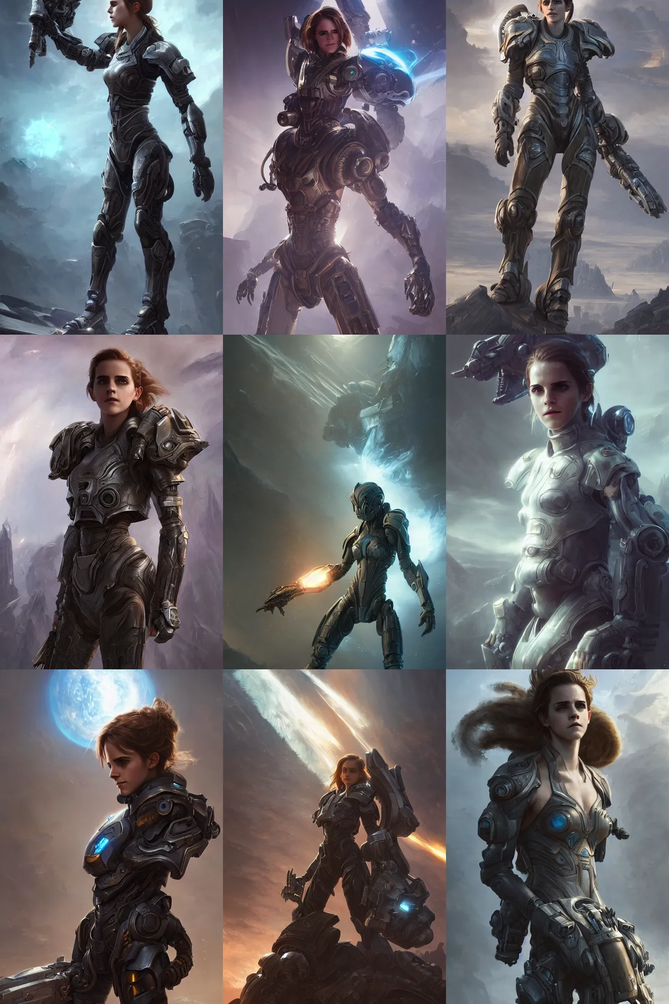 Prompt: emma watson in starcraft ii, sci - fi, futuristic armor, dramatic lighting, highly detailed, digital painting, 3 d render, hyper realistic detailed portrait, greg rutkowski, wlop, ruan jia, peter mohrbacher