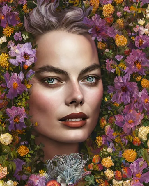 Prompt: portrait of margot robbie, surrounded by flowers by karol bak, james jean, tom bagshaw, rococo, sharp focus, trending on artstation, cinematic lighting, hyper realism, octane render, 8 k, hyper detailed.