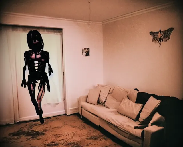 Prompt: transparent horror female demon evil spirit attacks in living room with interior photos shot on iphone, dynamic pose, middle body shot, sharp focus, grainy, corpse, paranormal flashlight, night, total darkness,