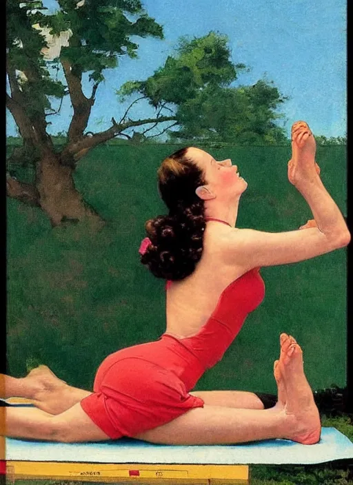 Prompt: a pin up girl doing yoga by norman rockwell and edward hopper