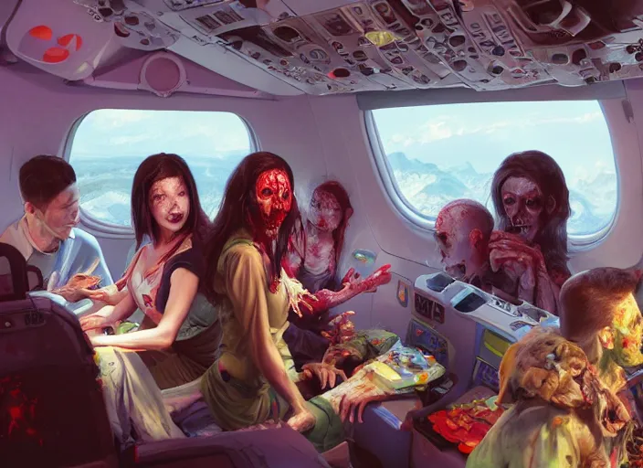 Image similar to boeing 737 cabin, a lot of zombies, birthday party, realistic, wide angle, Unreal 5 engine, trending on artstation, by Huang Guangjian and Gil Elvgren and Sachin Teng