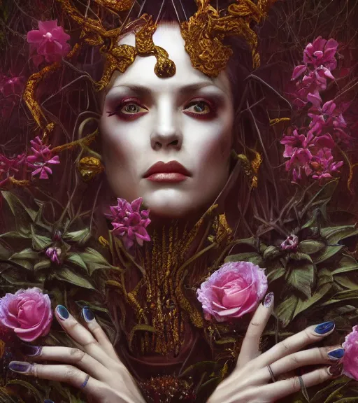 Prompt: portrait of the supreme queen of the blood cult, surrounded by skulls and overgrowth and dark flowers by karol bak, WLOP, James Jean, tom bagshaw, rococo, trending on artstation, cinematic lighting, hyper realism, octane render, 8k, hyper detailed.