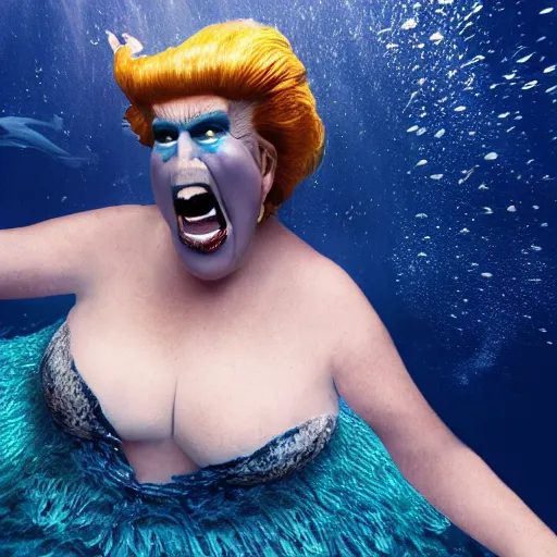 Image similar to Trump as Ursula the sea witch underwater, 8k, professional photography, cinematic shot, dark, smoke