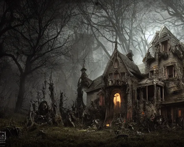 Image similar to the scariest witches house surrounded by horror creatures in the scariest dark forest, epic scene, dark, scary, horror, frightening, fantasy, cinematic, redshift render, cgi, hyper - detailed, photo - bash, 8 k post - production, masterpiece