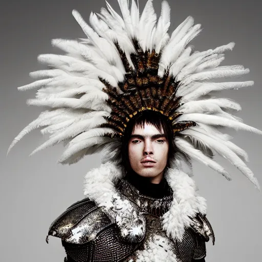 Prompt: a portrait of a beautiful young male wearing an alexander mcqueen armor made of feathers , photographed by andrew thomas huang, artistic