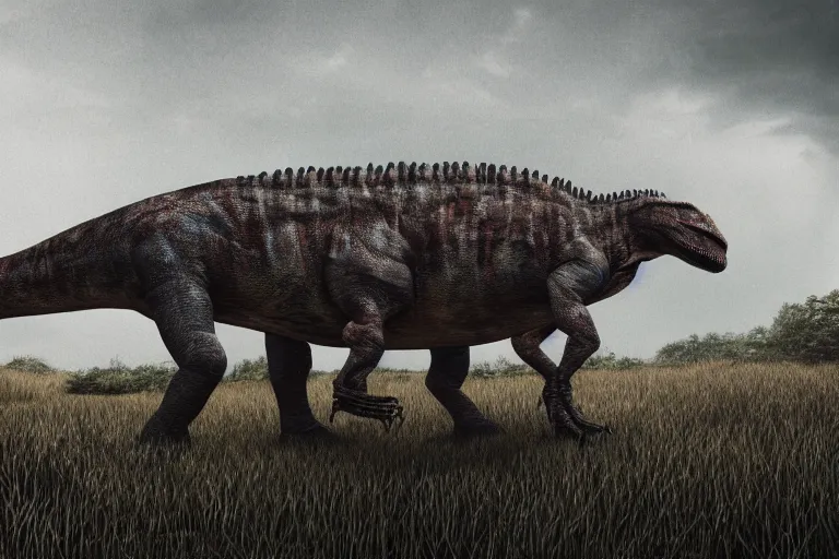 Image similar to Realistic photograph of a tired dinosaur standing in the distance in the style of Dark Naturalism, Jungle Grunge, twilight, glows, detailed, studio quality, hd image,