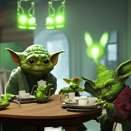 Prompt: green mice with yoda ears at a tea party, greg rutkowski and jason chan highly detailed cinematic lighting octane render unreal engine