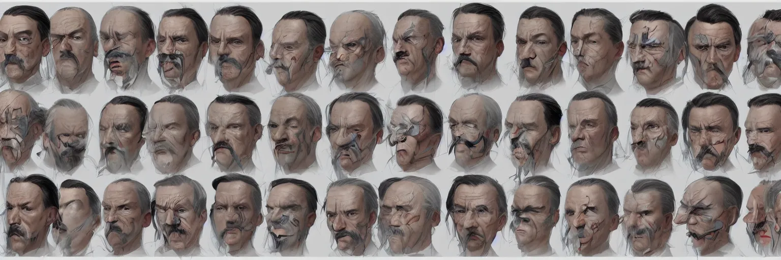 Prompt: colorful character faces, realistic mike patton and adolf hitler faces, character sheet, fine details, concept design, contrast, kim jung gi, greg rutkowski and da vinci, trending on artstation, 8 k, emotional, face turnaround, front view, back view, side view, ultra wide angle