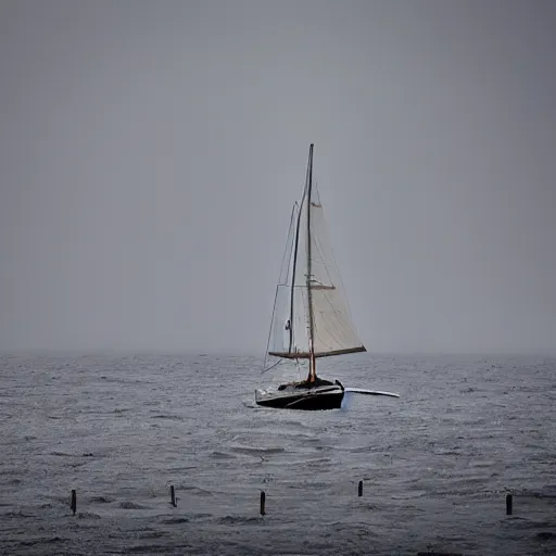 Prompt: a sailboat caught in a storm