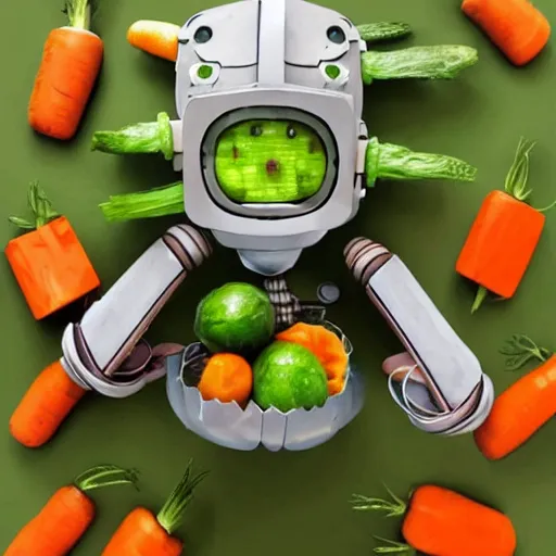 Image similar to robot made of vegetables, tomato head and a carrot sword, made in abyss style