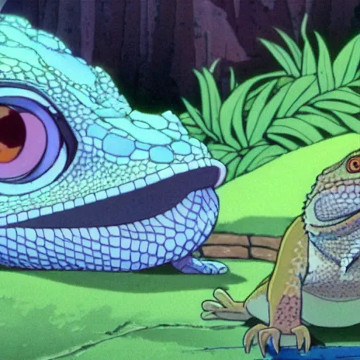 Prompt: beautiful illustration of a bearded dragon looking up lovingly at a young french woman with purple hair. animation frame from the studio ghibli film by miyazaki.