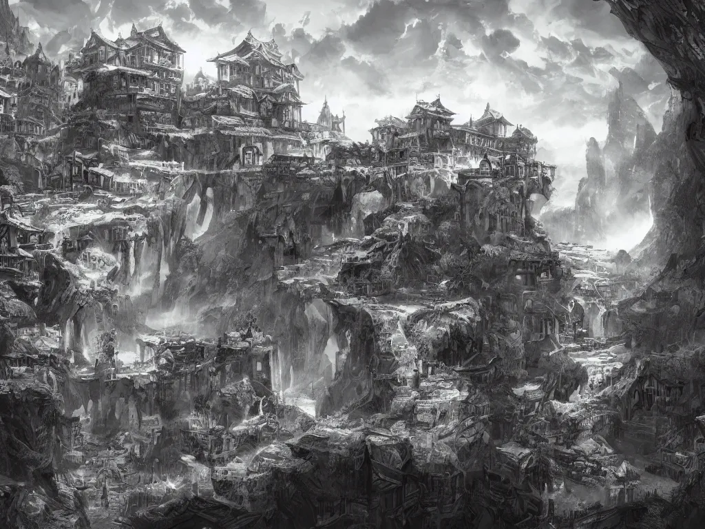 Image similar to impressive concept art of crooked ancient town, artstation, ink, black white, hills, waterfall, river, dominating palace with white walls on top of the hill