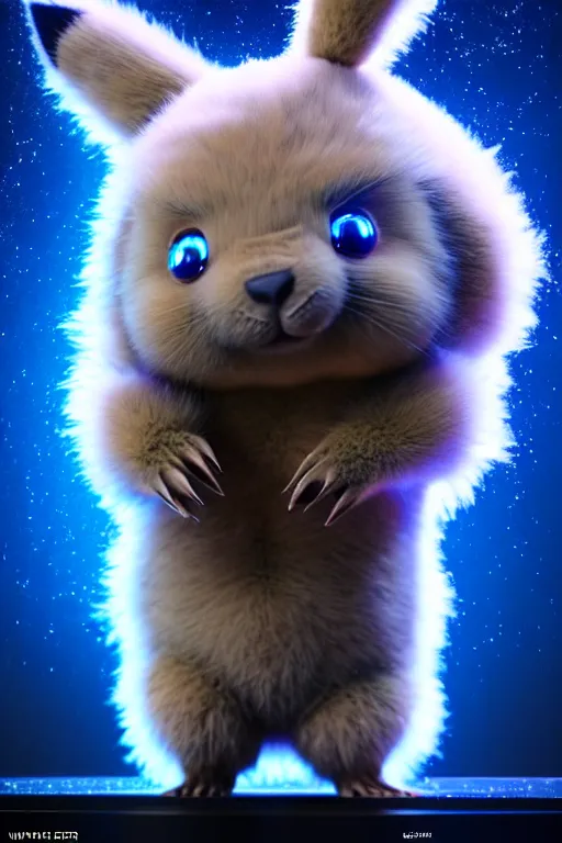 Image similar to high quality 3 d render sci - fi very cute fluffy! wombat!! mecha!! dancing, highly detailed, unreal engine cinematic smooth, in the style of detective pikachu & blade runner, hannah yata charlie immer, dark blue neon light, low angle, uhd 8 k, sharp focus