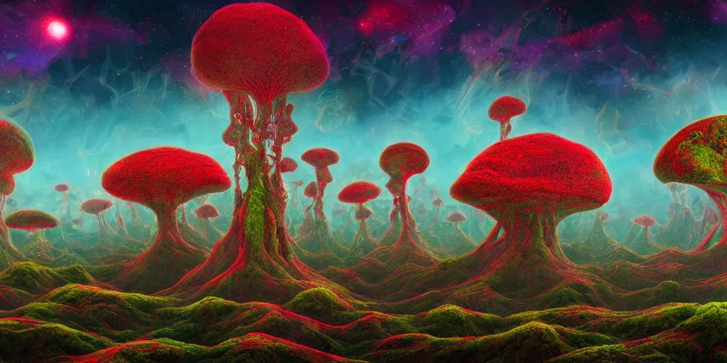 Prompt: a view of a surreal alien variated planetary fractal landscape with gigantic and small colorful red weird trees and flora in a large alien forest scattered across the vast landscapes, surreal clouds, floating islands, 8 k, retro, detailed, vibrant, weird skies, extradimensional, stars, galaxies, trending on artstation