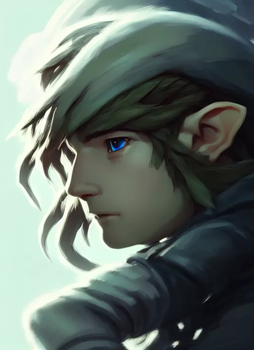 Prompt: highly detailed portrait of link from the legend of zelda, photographic realistic background, atey ghailan, by greg rutkowski, by greg tocchini, by james gilleard, by joe fenton, by kaethe butcher, black gradient, gray and white color scheme, trending in pinterest, award winning details