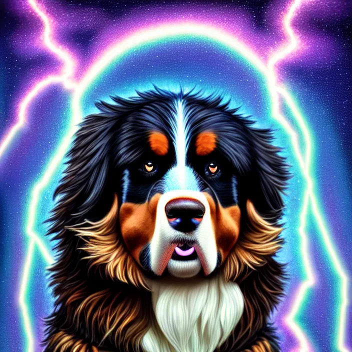 Prompt: an anthropomorphic male bernese mountain dog as zeus, shooting lightning bolts from his paws, by alex grey, intricate details, artstation, furry, psychedelic, hd, beautiful