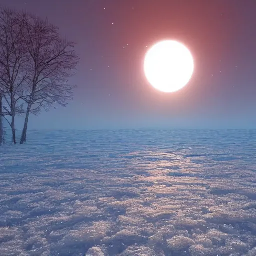 Prompt: High quality fantasy render of double suns setting over the frozen lake in winter surrounded by nature, 4k highly detailed, artstation