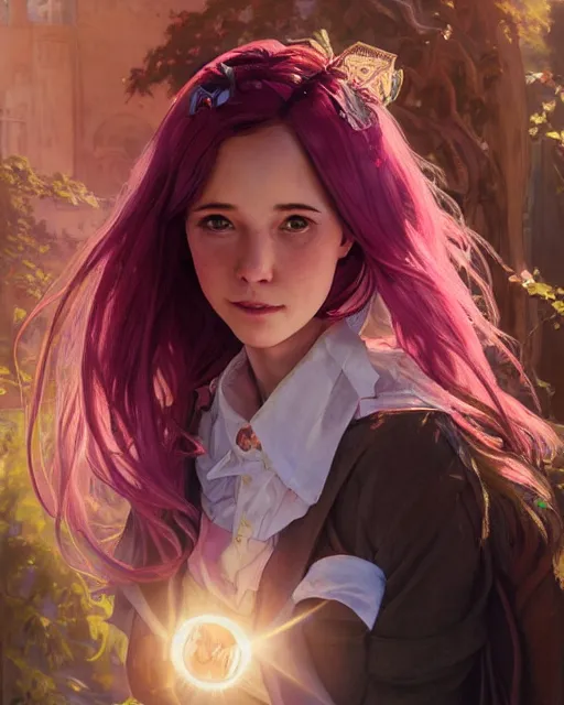 Image similar to portrait of an innocent lost college girl with pink hair, magic school uniform, fantasy building, intricate, sharp focus, lens flare, bloom, rim light, illustration, highly detailed, digital painting, concept art, matte, art by wlop and artgerm and greg rutkowski and alphonse mucha, masterpiece