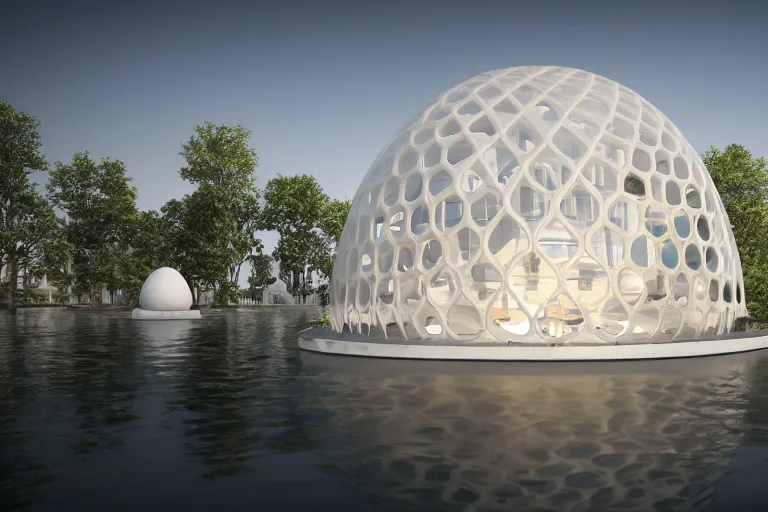 Image similar to a building composed of many white spherical egg shaped circular spaces arranged up and down. on the calm lake, people's perspective modern curved architecture, future, wood, marble, metal award winning, highly detailed 4 k art, dusk, unreal engine highly rendered, global illumination, radial light, internal environment by kazuyo sejima