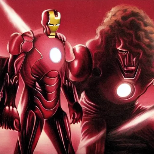 Prompt: Black Sabbath's Iron Man, man turned to steel, red eyes of vengeance