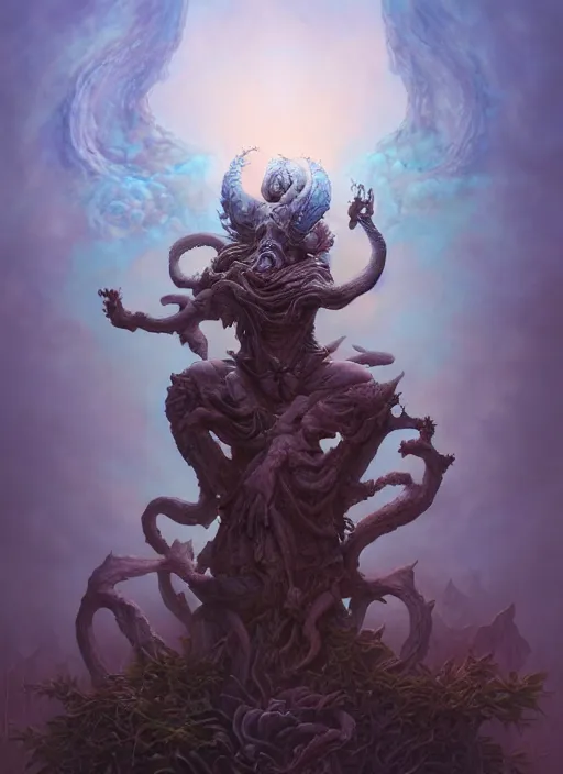 Image similar to overgrown statue of a demon, serene, in the style of tomasz alen kopera and fenghua zhong and peter mohrbacher, mystical colors, rim light, beautiful lighting, 8 k, stunning scene, raytracing, octane, trending on artstation