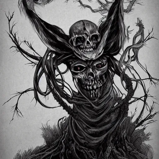 Image similar to ancient magus, fae, skulled creature with black fur, elegant, tendrils, forest, heavy fog, fantasy, hyper realistic