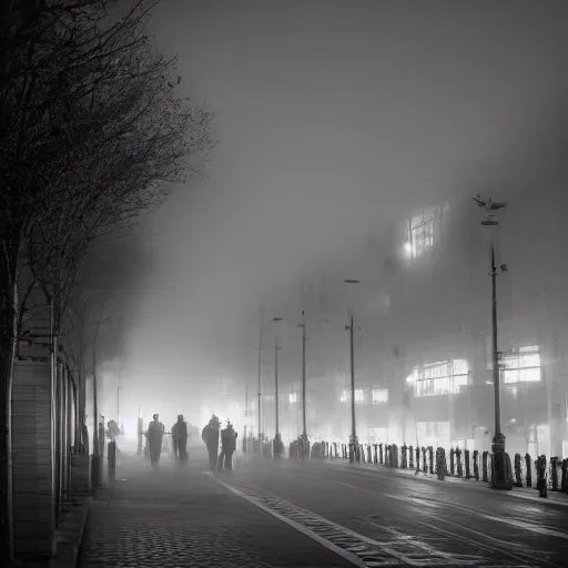 Prompt: a black and white medium shot of a foggy city heavy contrast selective exposure dark heavy black