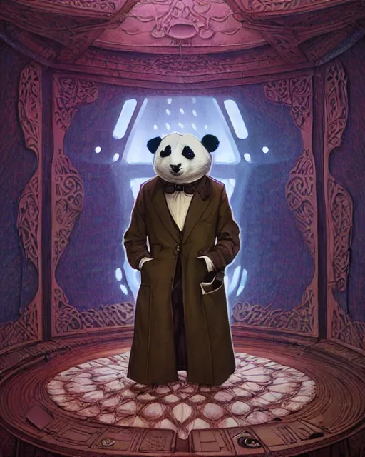 Prompt: anthropomorphic art of a detective panda inside tardis, victorian inspired clothing by artgerm, victo ngai, ryohei hase, artstation. fractal papersand books. highly detailed digital painting, smooth, global illumination, fantasy art by greg rutkowsky, karl spitzweg, doctor who