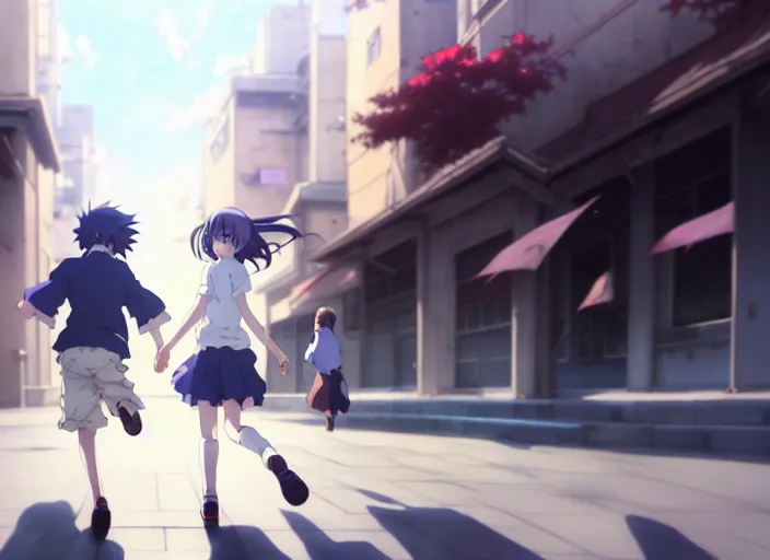 Image similar to a film still portrait of an anime boy and anime girl running towards each other, finely detailed features, closeup at the faces, perfect art, at a city street, gapmoe yandere grimdark, trending on pixiv fanbox, painted by greg rutkowski makoto shinkai takashi takeuchi studio ghibli, akihiko yoshida