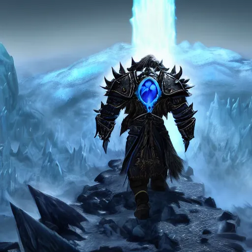 Prompt: world of warcraft arthas viewed from the back standing in front of a vast icy land and dark icy mounatins in the background, extreely detailed, wow, cinematic, unreal engine 5, artistic, movie poster, world of warcraft cinematics style, only dark contrasting colours, colours ranging of blue white and black