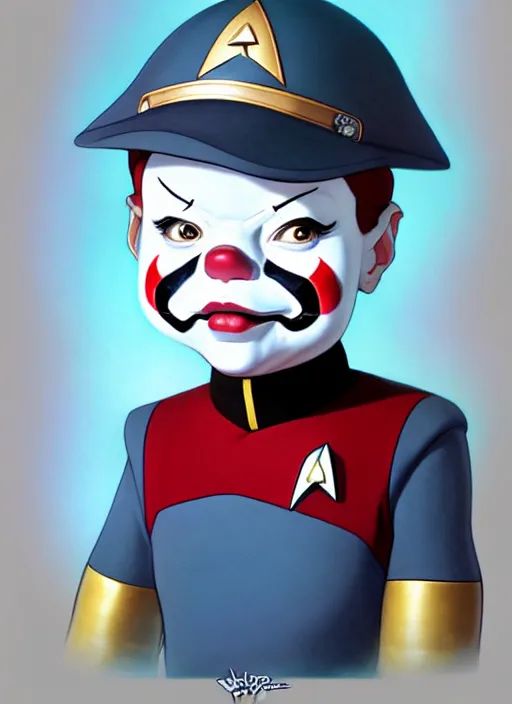 Prompt: cute star trek officer pennywise, natural lighting, path traced, highly detailed, high quality, digital painting, by don bluth and ross tran and studio ghibli and alphonse mucha, artgerm