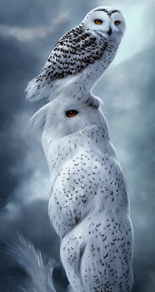 Prompt: painting of beautiful snowy owl, fantasy, hyperdetailed, intricate, by charlie bowater, 8k, octane render, trending on artstation