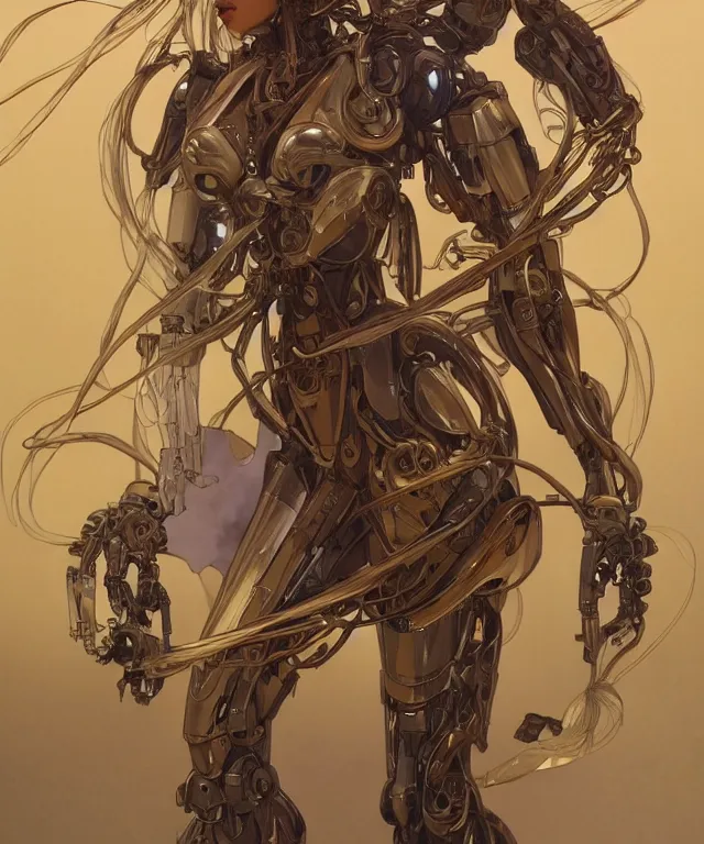 Prompt: fantasy magic portrait of a humanoid mecha goddess by artgerm and greg rutkowski and alphonse mucha, wide angle full body composition, rule of thirds, golden ratio, Art Nouveau! cyberpunk! style, mechanical accents!, long hair, fantasy, intricate, elegant, highly detailed, digital painting, artstation, concept art, smooth, sharp focus, flowing wires with leaves, rich deep moody colors