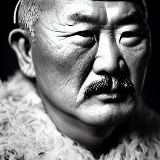 Prompt: Photo of Genghis Khan, close-up, high detail, studio, ominous background, smoke, by Martin Schoeller