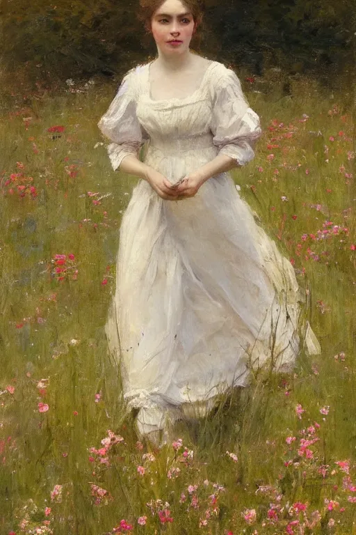 Image similar to Richard Schmid and Jeremy Lipking full length portrait painting of a young beautiful edwardian girl walking through a field of flowers