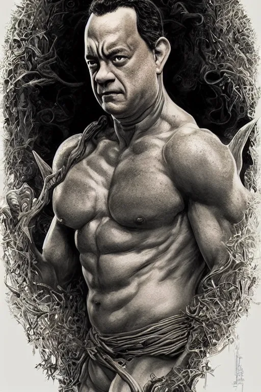 Image similar to portrait of tom hanks as a hulking herculean demon, forest, godlike, full body, fantasy, intricate, elegant, highly detailed, digital painting, artstation, concept art, sharp focus, illustration, art by artgerm and greg rutkowski and alphonse mucha