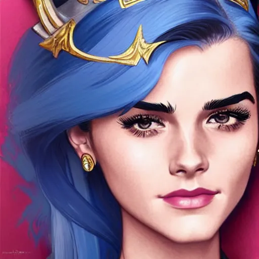 Prompt: A combination of Grace Kelly's and Emma Watson's and Victoria Justice's faces with blue hair as She-Ra, western, D&D, fantasy, intricate, elegant, highly detailed, digital painting, artstation, concept art, matte, sharp focus, illustration, art by Artgerm and Greg Rutkowski and Alphonse Mucha