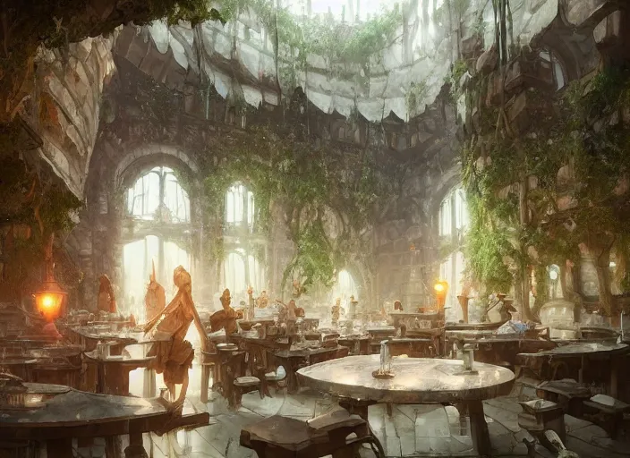 Prompt: Inside a tavern in a beautiful elven city made of white marble, anime, lush trees, a fantasy digital painting by Greg Rutkowski and James Gurney, trending on Artstation, highly detailed