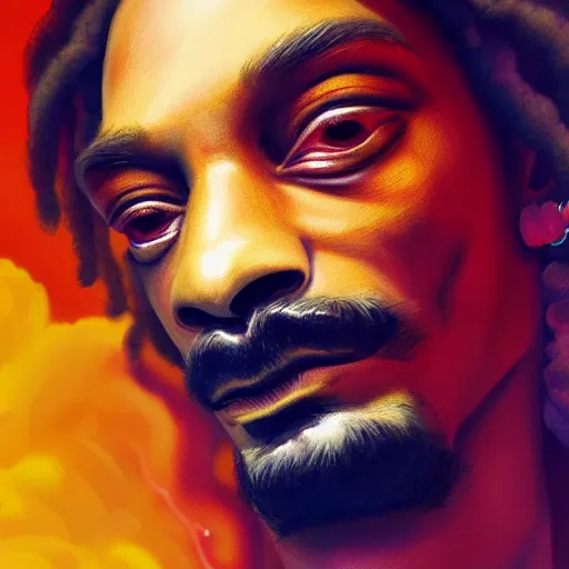 Image similar to colossal god snoop dog is smoking the clouds, highly detailed, digital painting, artstation, octane render, matte, sharp focus, impressionist painting