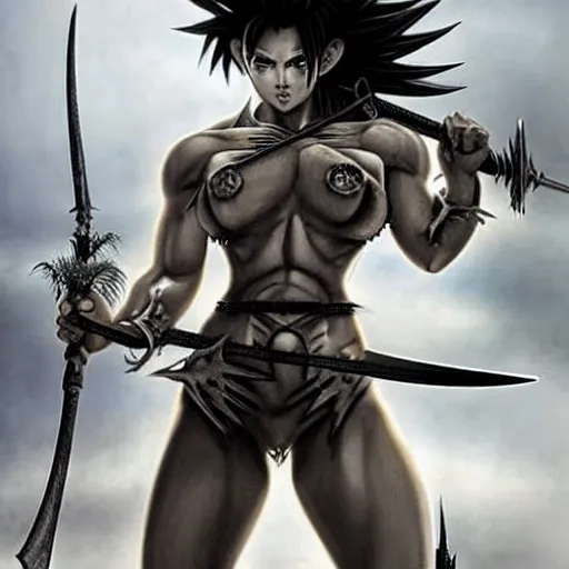 Image similar to realistic art style, warrior girl, muscular girl, wild spiky black saiyan hair, long spiky hair, electrified hair, holding scimitar made of bone, scimitar, sword, jagged sword, curved sword, orkish sword, colorized, gray skin, hyper - detailed, primeval fantasy, prehistoric fantasy, art by jacques - louis david