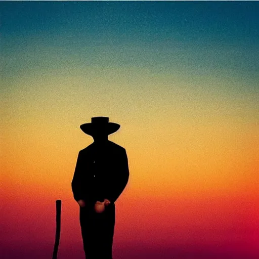 Prompt: A beautiful photograph of a lone ranger, set against a backdrop of a beautiful sunset. by Karel Thole, by Piet Hein Eek colorful