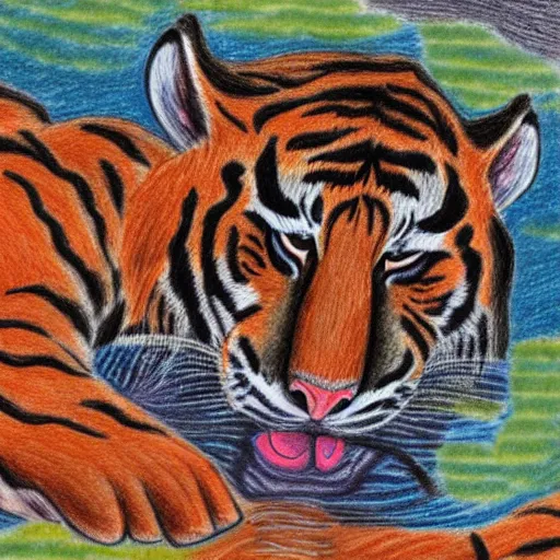 Image similar to drawing of a tiger cubs sleeping in a pond of black oil, red ballpoint pen, outsider art style