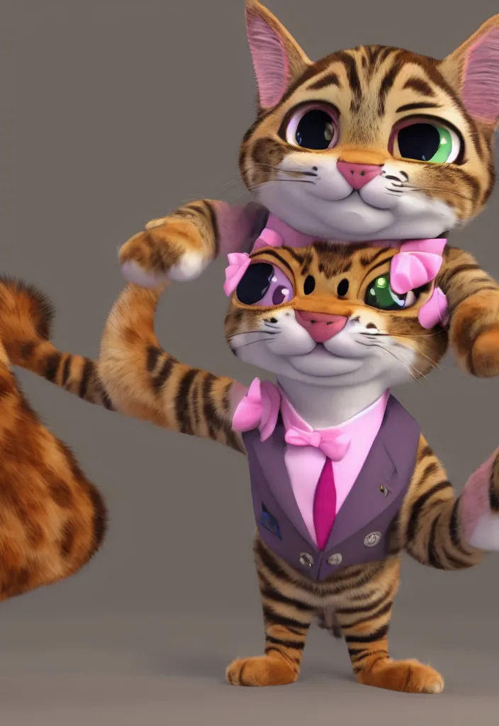 Image similar to 3d render , anthropomorphic male tabby cat,wearing a pink tux ,style of Zootopia, 8K HD Resolution, High quality image