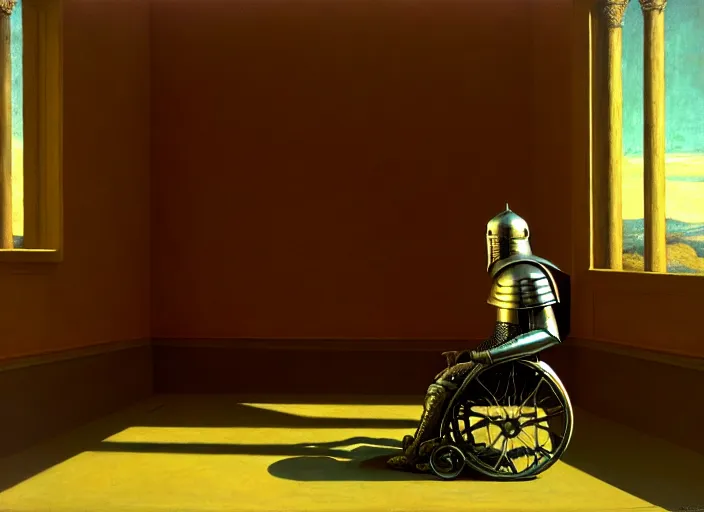 Image similar to knight in armor in a wheelchair do tricks watch old tv, rome, highly detailed, soft lighting, elegant, works by edward hopper and james gillard, zdislaw beksinski, stephen outram, andreas m wiese, highly detailed, masterpiece. rendered in blender, smooth shadows, ultra detail, high resolution, unreal 6, 8 k