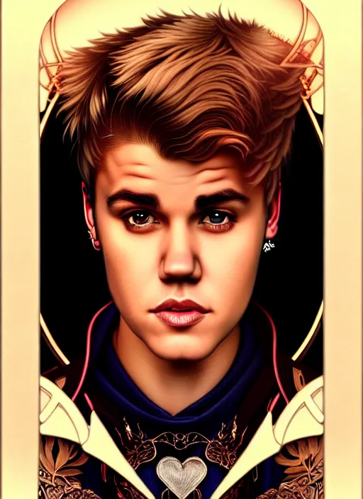 Image similar to portrait of justin bieber glowing eyes, volumetric lights, feast, music notes, art nouveau botanicals, gothic, intricate, highly detailed, digital painting, artstation, concept art, smooth, sharp focus, symmetric face, illustration, steampunk, art by artgerm and greg rutkowski and alphonse mucha